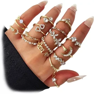 17IF Gold Boho Sparkle Knuckle Rings Set For Women Girl. [ 16 pcs ]