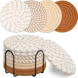 8 Pcs Drink Coasters with Holder, Minimalist Cotton Woven 4 Colors Absorbent Coaster Set, [ 4.3 inches]
