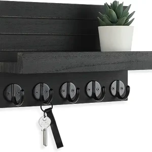 Key Holder for Wall, Decorative Key and Mail Holder with Shelf Has Large Hooks for Bags, Coats, Paulownia Wood Key Hanger (9.8”W x 6.7”H x4.2”D)