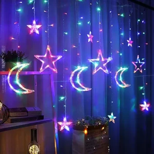 String Lights, 138 LEDs 11.48FT Curtain Window Lights with 8 Light Modes 12 Drops Star Moon Indoor Outdoor Fairy String for Bedroom, multicolours .
