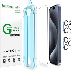 amFilm Easiest Installation OneTouch for iPhone 15 Pro Max [6.7 Inch] Screen Protector Tempered Glass + Camera Lens Protector, Auto-Alignment Tech, Bu