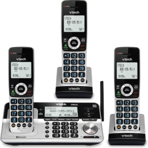 VTech VS113-3 Extended Range 3 Handset Cordless Phone for Home with Call Blocking, Connect to Cell Bluetooth, 2" Backlit Screen, Big Buttons, and Answ
